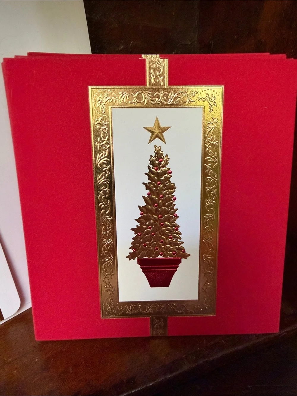 Vintage Red and Gold Holiday Greeting Card, Embossed Christmas Tree set of 20
